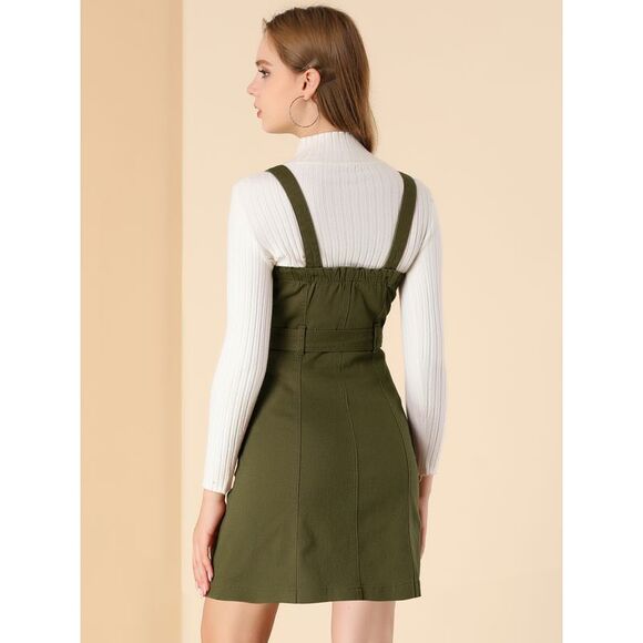 Women's Classic Adjustable Strap A-Line Overall Denim Dress Army Green - Picture 5 of 6